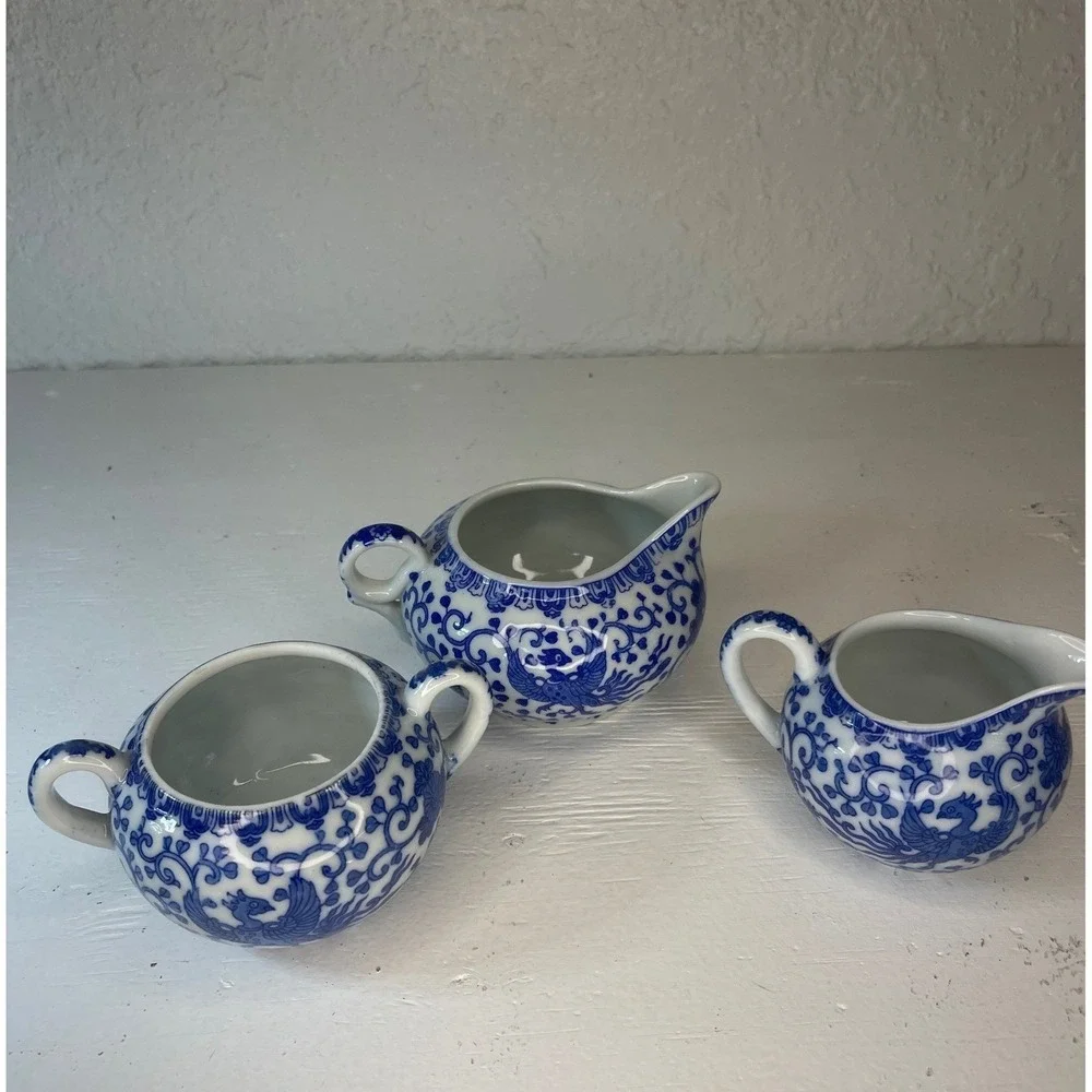 Vintage Blue‎ White Flying Phoenix Porcelain Creamer Sugar Set Japan 3 Piece